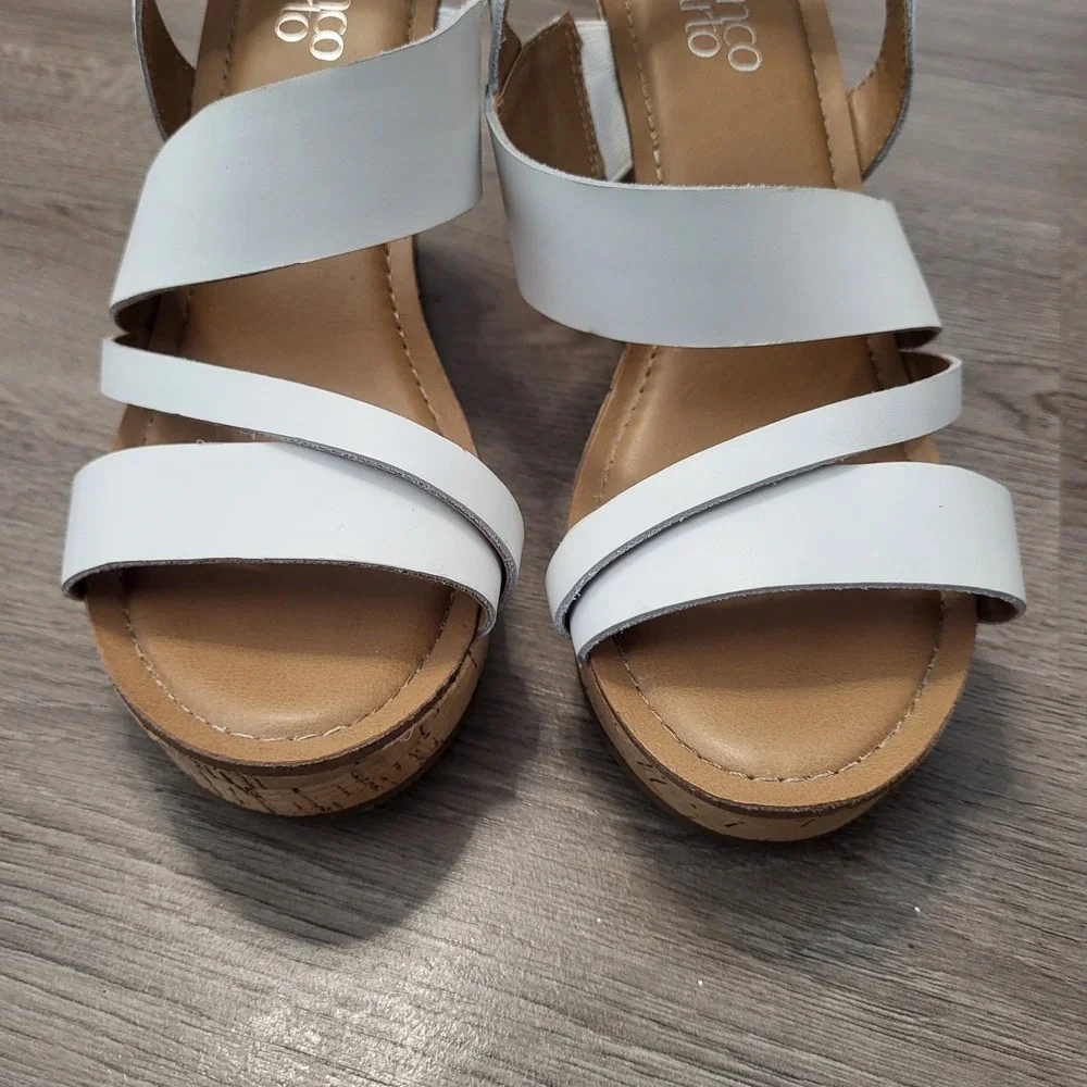 Franco Sarto Womens White Leather Cork Wedge Platform Sandals Strappy Buckle 8
